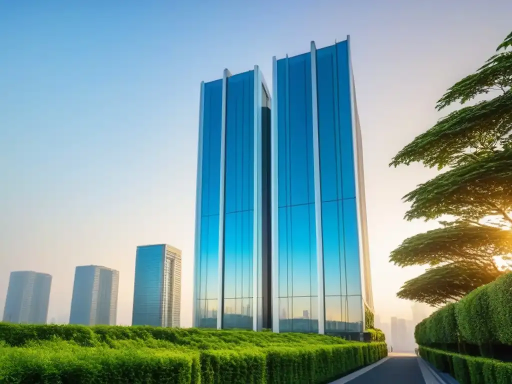 Edificio de lujo en la ciudad, inversión inmobiliaria exitosa Un rascacielos moderno rodeado de vegetación, reflejando el sol y el cielo azul