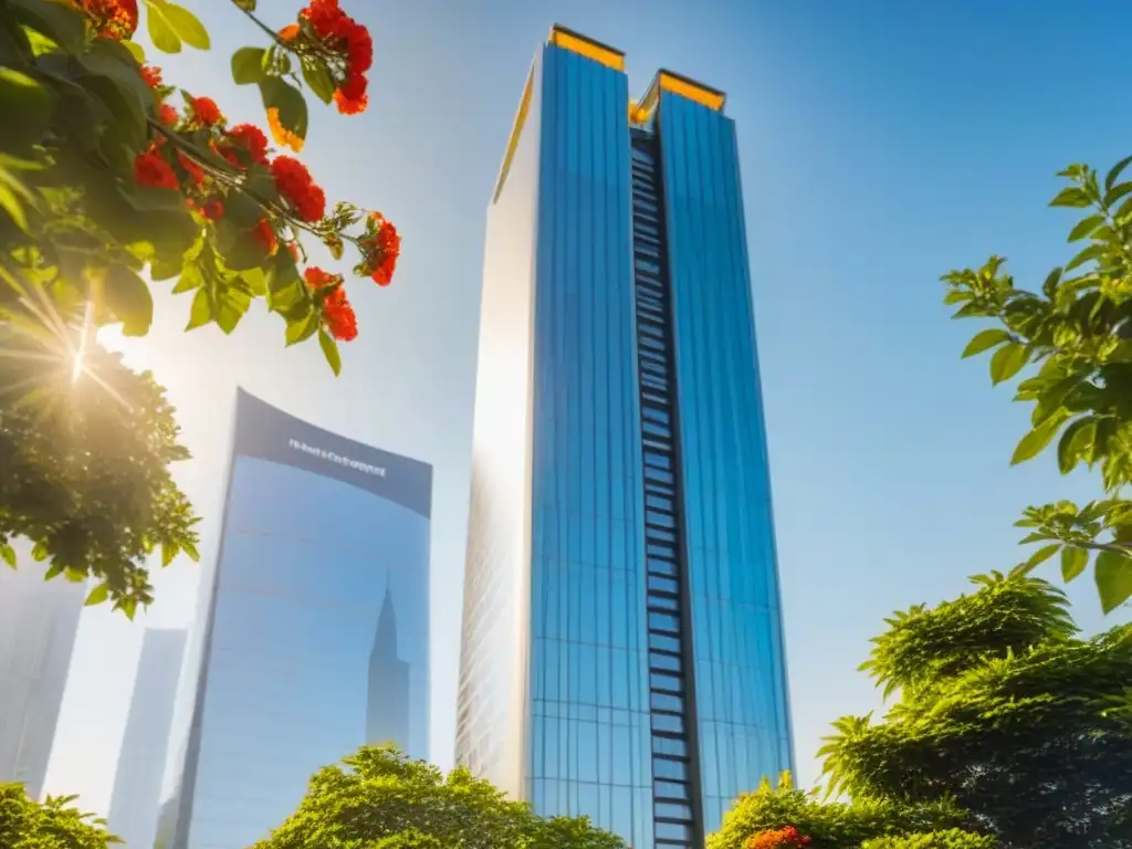Edificio de lujo en Europa: prosperidad y crecimiento Rascacielos moderno en Europa, reflejando el sol en su fachada de vidrio, rodeado de naturaleza y ciudad