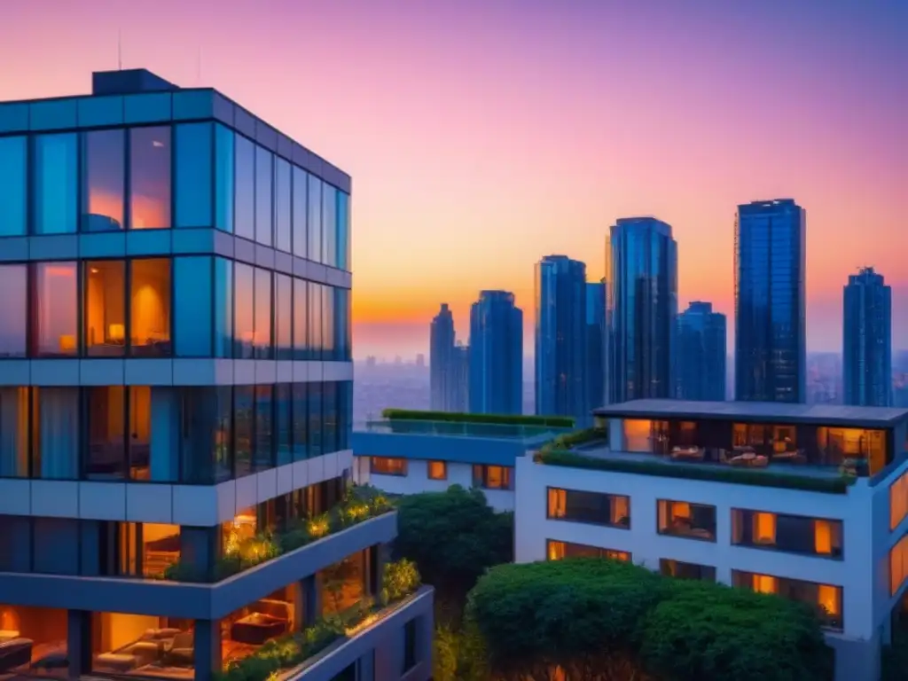 Edificio de lujo con vistas a la ciudad al atardecer Un rascacielos moderno con ventanales de piso a techo reflejando el vibrante paisaje urbano al anochecer