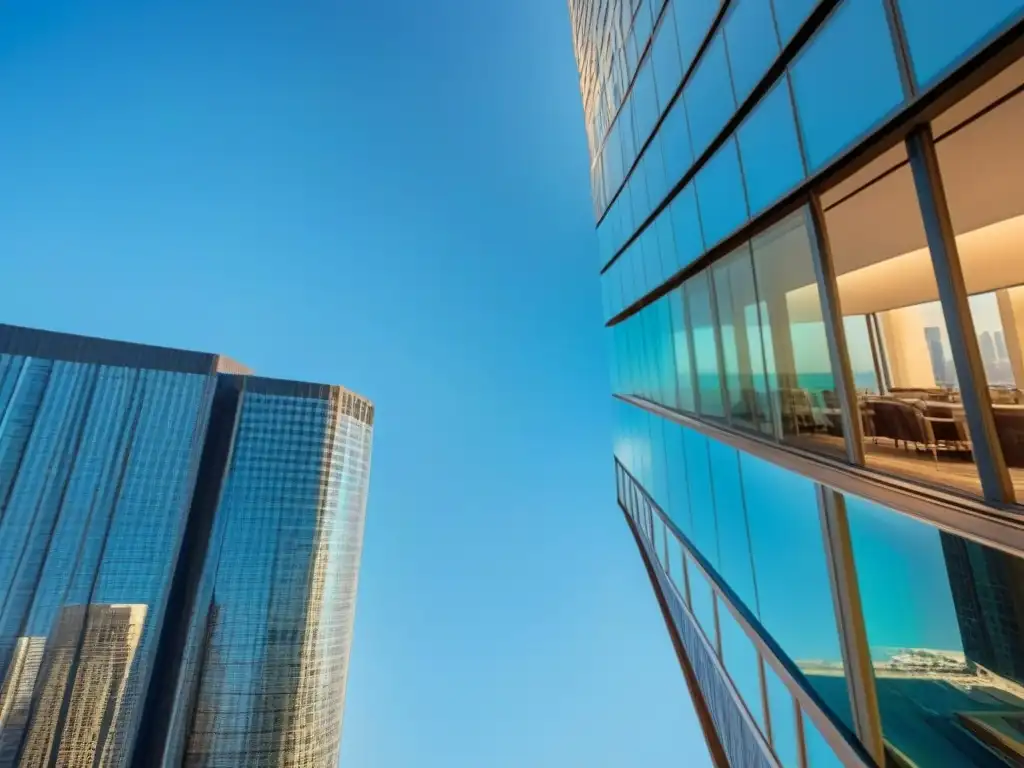 Edificio de cristal: innovación y seguridad en la ciudad Un rascacielos moderno con ventanas de cristal reflejando la ciudad, simbolizando seguridad y innovación en seguros inmobiliarios 2023