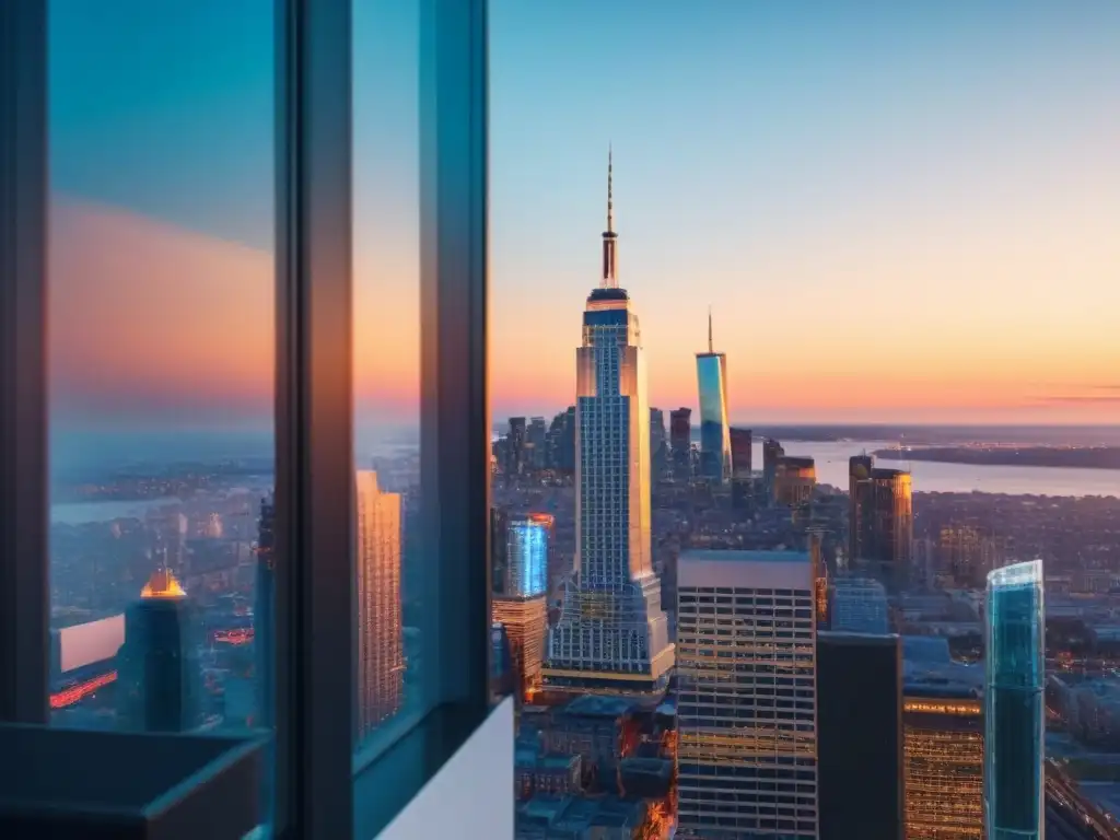 Edificio de oficinas moderno en distrito financiero: reflejo de éxito comercial con préstamos basados en activos Un rascacielos moderno con ventanas de cristal reflejando la ciudad al atardecer, en un distrito financiero