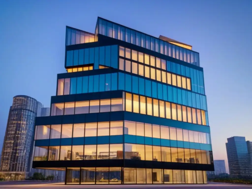Edificio de oficinas moderno en la ciudad al atardecer Un rascacielos moderno con ventanas de piso a techo reflejando la ciudad al atardecer, simbolizando éxito en Inversión en REITs comerciales rentables