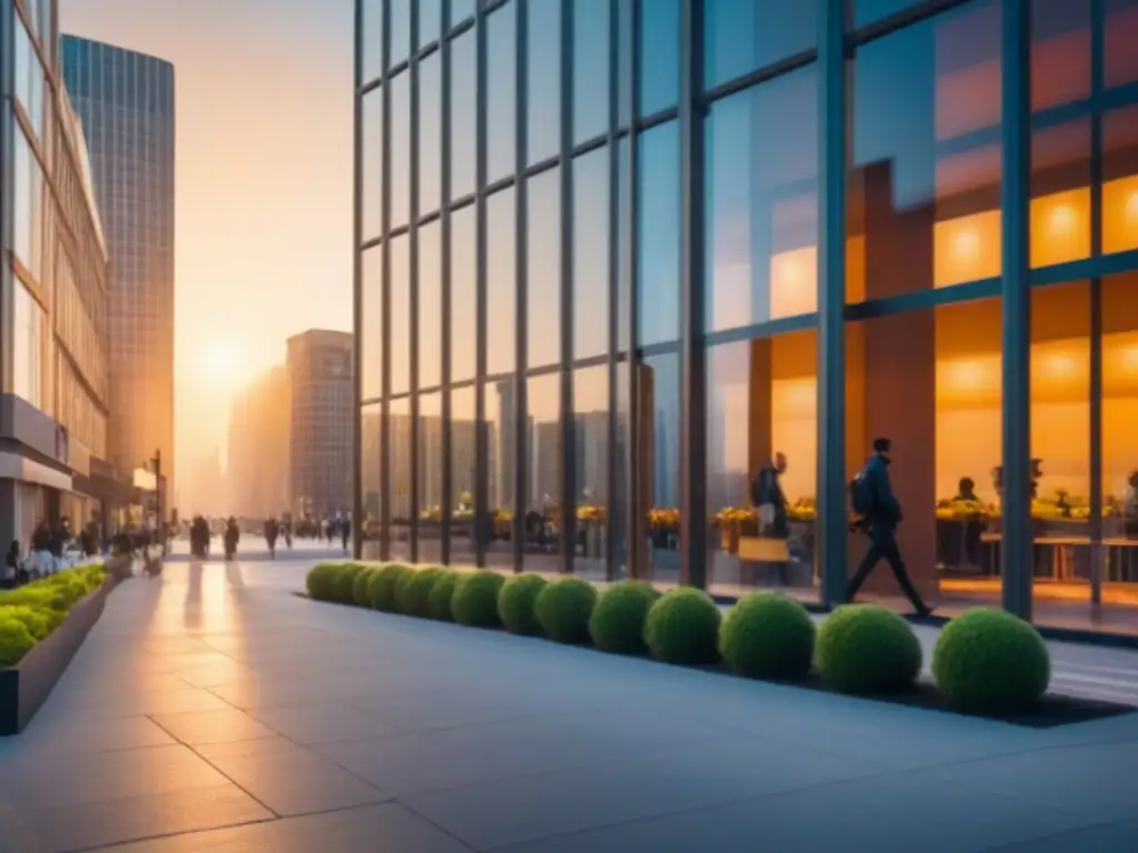 Edificio comercial moderno reflejando la ciudad al atardecer Un rascacielos moderno reflejando la vibrante ciudad al atardecer