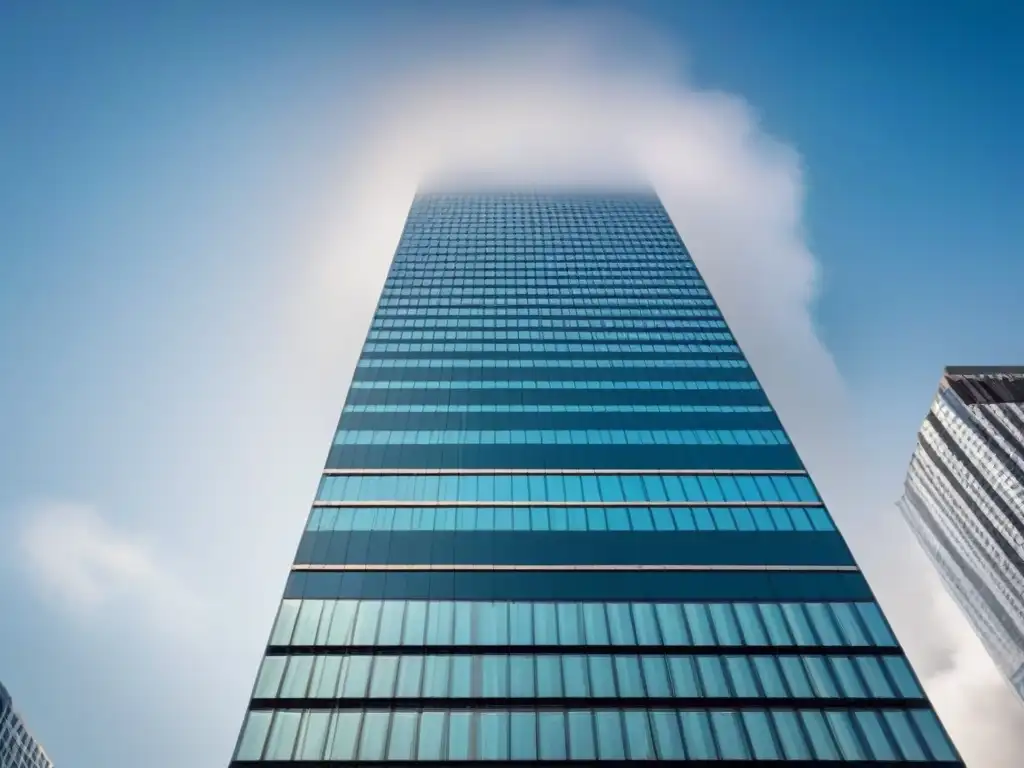 Rascacielos de vidrio: símbolo de éxito corporativo y transparencia en el sector inmobiliario Un rascacielos moderno de vidrio refleja la ciudad, simbolizando éxito corporativo y transparencia en la industria inmobiliaria
