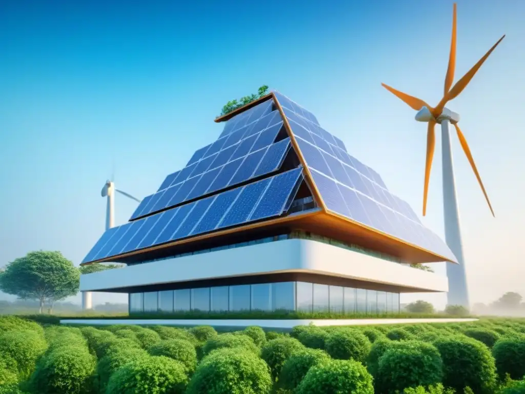 Rascacielos sostenible: diseño futurista con energía renovable Un rascacielos sostenible con diseño futurista y elementos ecofriendly