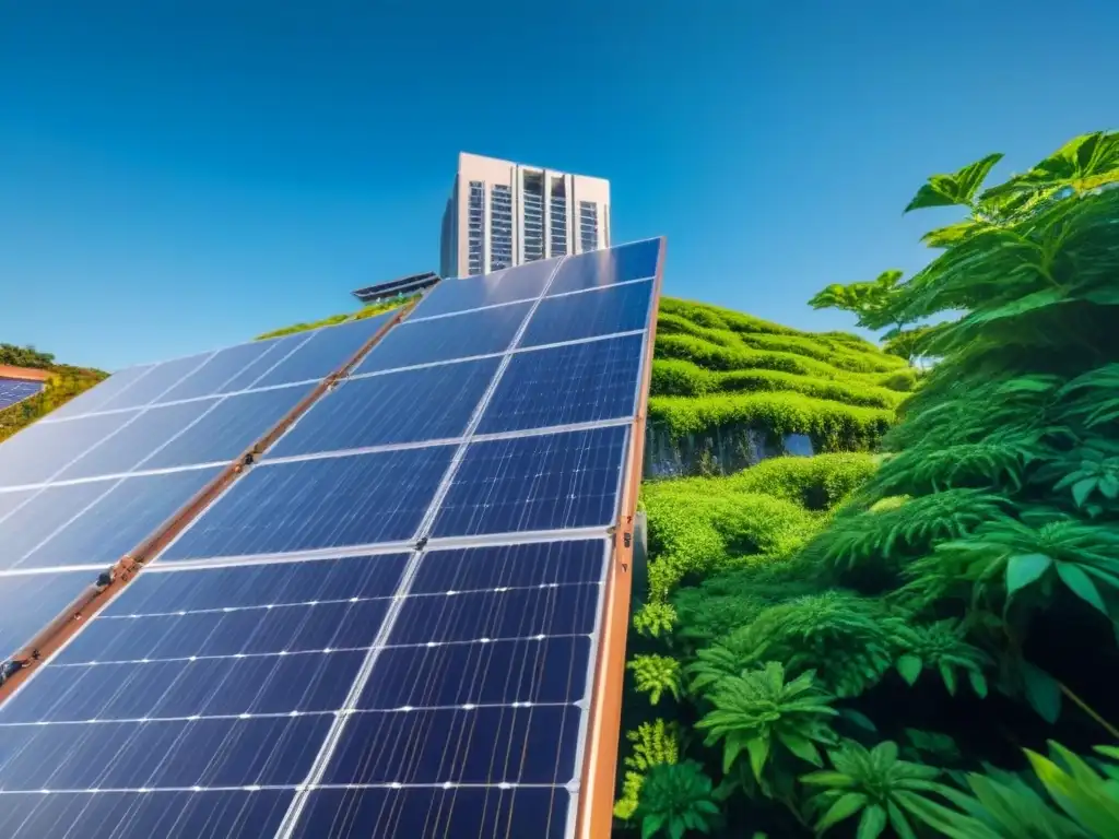 Eco-rascacielos sostenible: diseño moderno y verde en la ciudad Rascacielos sostenible con paneles solares, vegetación y beneficios financieros invertir bienes raíces sostenibles