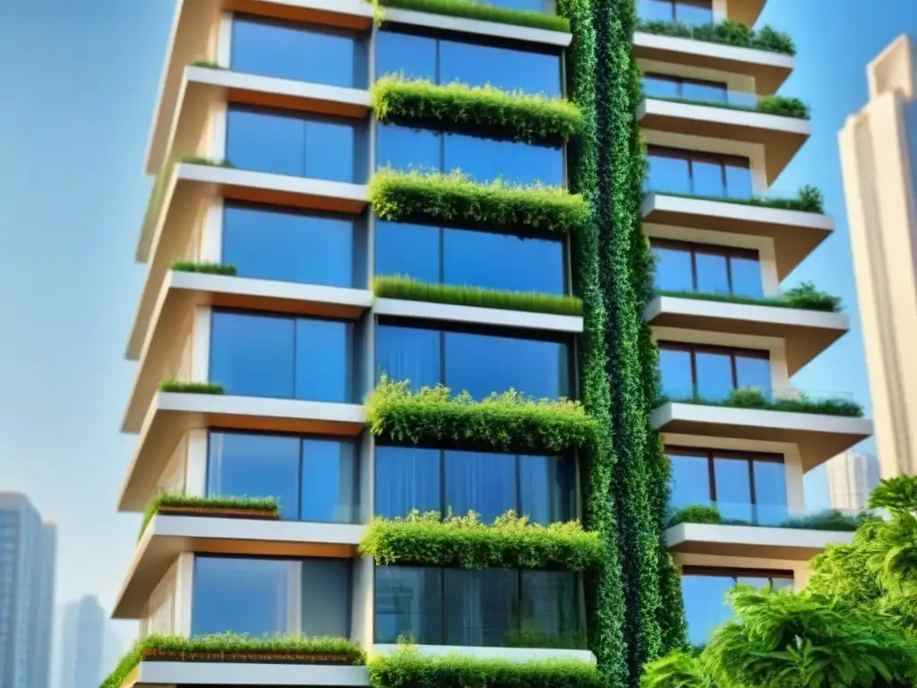 Edificio sostenible: diseño ecoamigable en armonía con la naturaleza Un rascacielos sostenible rodeado de vegetación, con paneles solares y jardines verticales, bajo un cielo azul