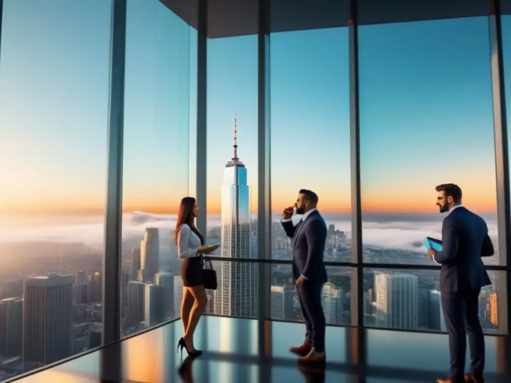 Inversión inmobiliaria transparente: rascacielos y negocios Un rascacielos transparente rodeado de personas haciendo transacciones comerciales, reflejando la ciudad y la luz del sol