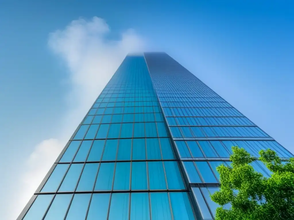 Rascacielos blockchain: transparencia y lujo urbano Un rascacielos ultramoderno reflejando la ciudad, rodeado de vegetación y diseño futurista