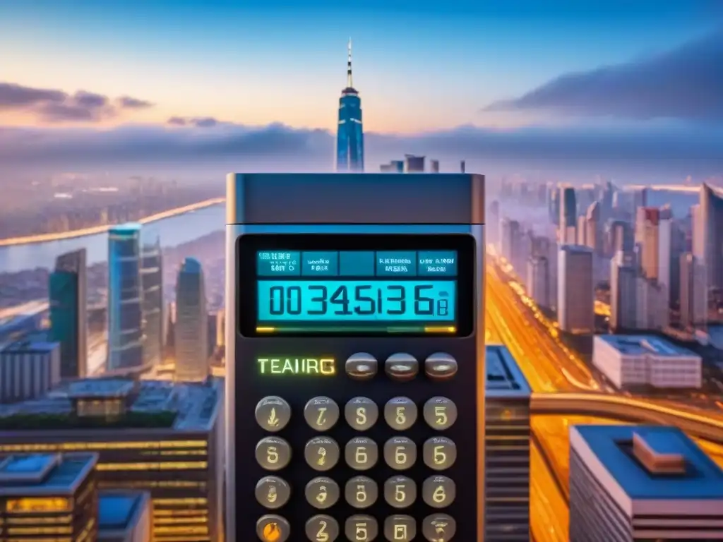 Calculadora hipotecaria futurista en rascacielos moderno Rascacielos urbano con calculadora hipotecaria integrada representando plazos préstamos hipotecarios convencionales