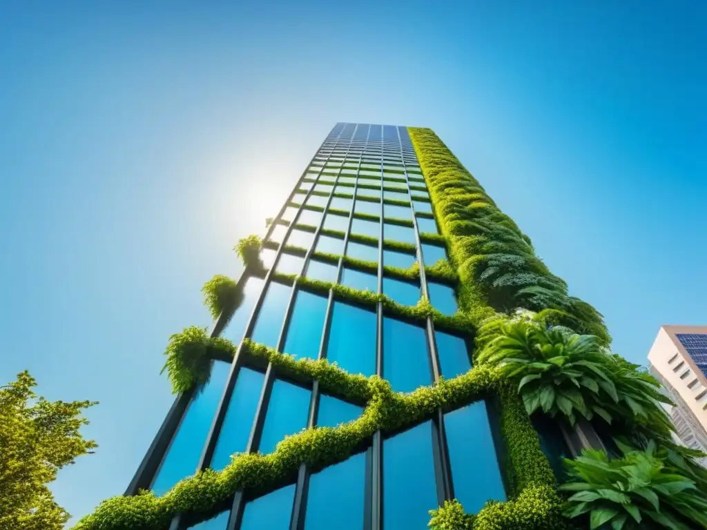 Rascacielos verde futurista: diseño sostenible 8k Rascacielos verde futurista con elementos sostenibles y jardines verticales, simbolizando préstamos verdes mercado inmobiliario