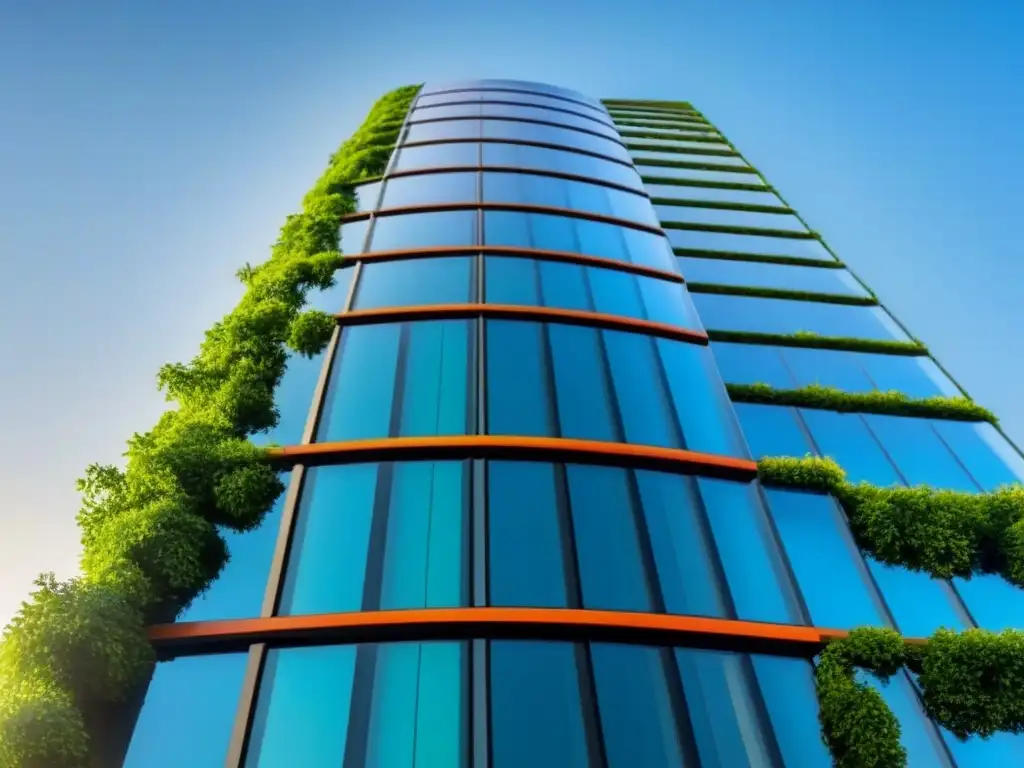 Rascacielos futurista de cristal: transparencia y sostenibilidad Un rascacielos de vidrio futurista reflejando el cielo azul, rodeado de vegetación y paneles solares de alta tecnología, simbolizando la transparencia en inversión inmobiliaria