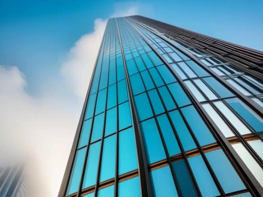 Rascacielos de vidrio transparente en la ciudad: lujo y elegancia Un rascacielos de vidrio moderno y lujoso reflejando la ciudad vibrante abajo, simbolizando transparencia y sofisticación en préstamos inmobiliarios