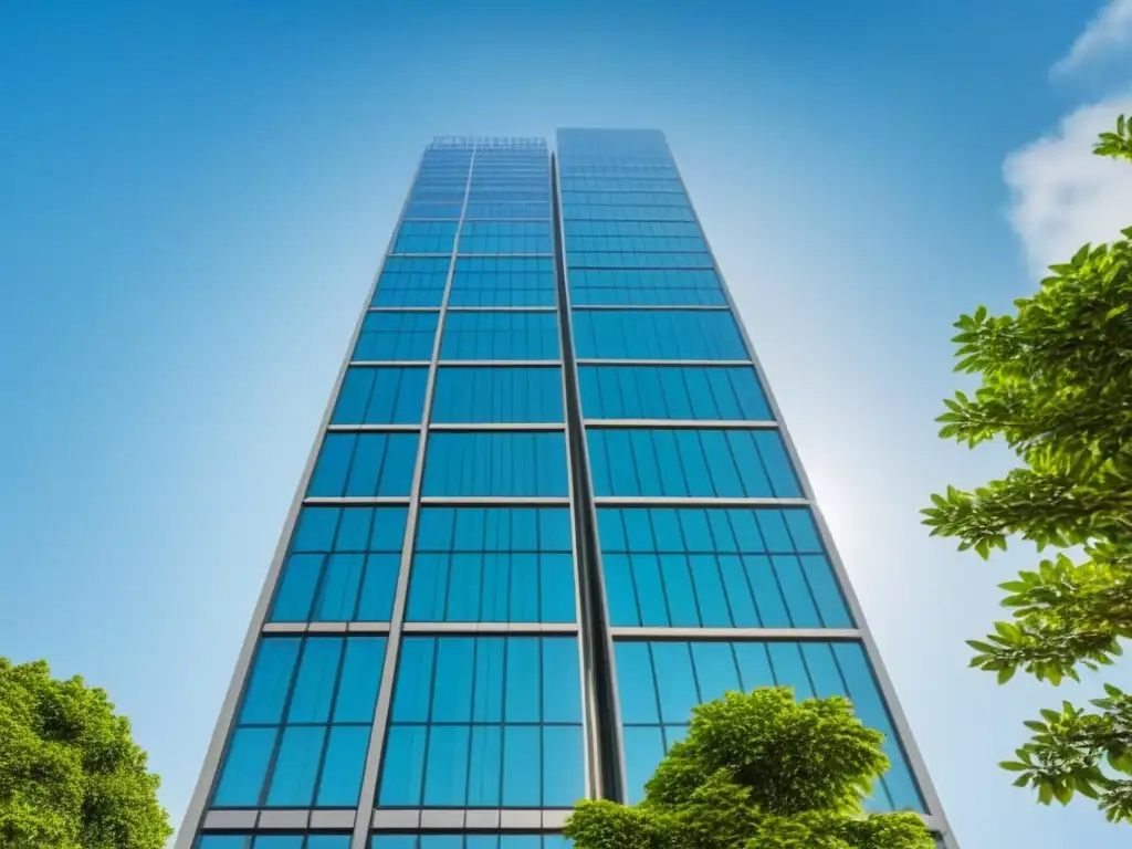 Espectacular rascacielos de cristal reflejando el cielo azul Un rascacielos de vidrio transparente reflejando el cielo azul, rodeado de vegetación y arquitectura moderna