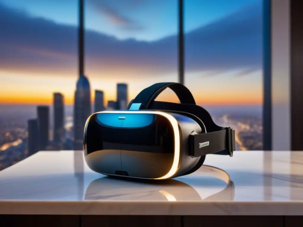 Realidad virtual en bienes raíces: auriculares futuristas sobre elegante encimera de mármol, reflejando diseño interior de lujo