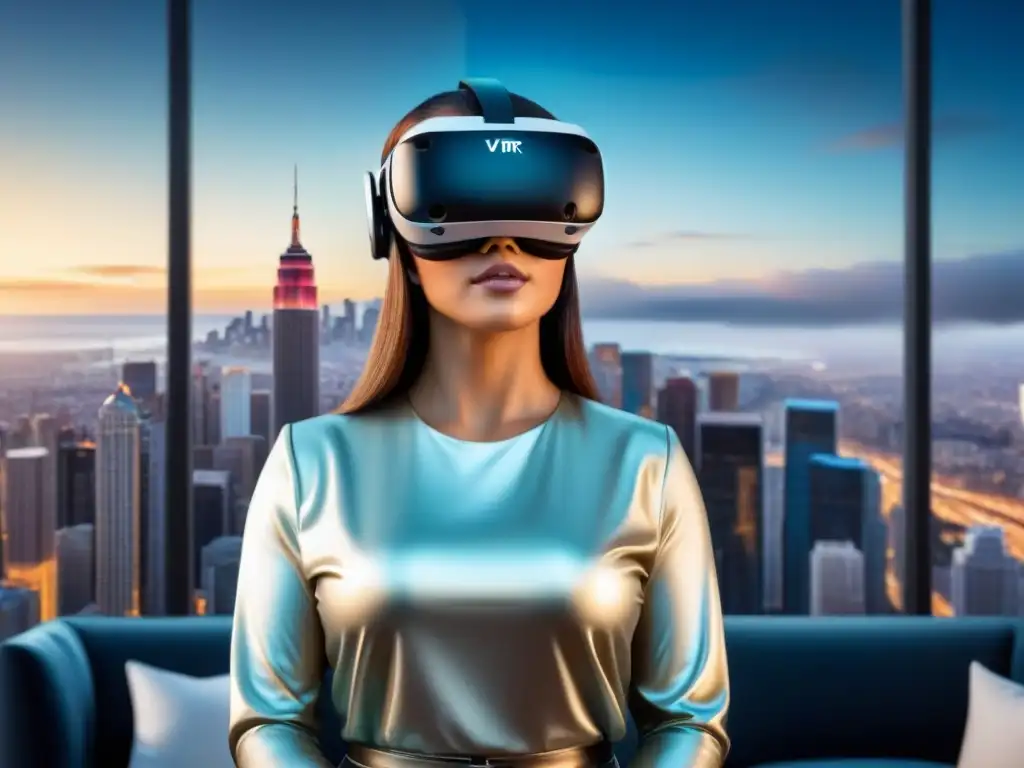 Realidad Virtual en Bienes Raíces: Headset futurista rodeado de propiedades de lujo, fusionando lo virtual y físico en una ciudad innovadora