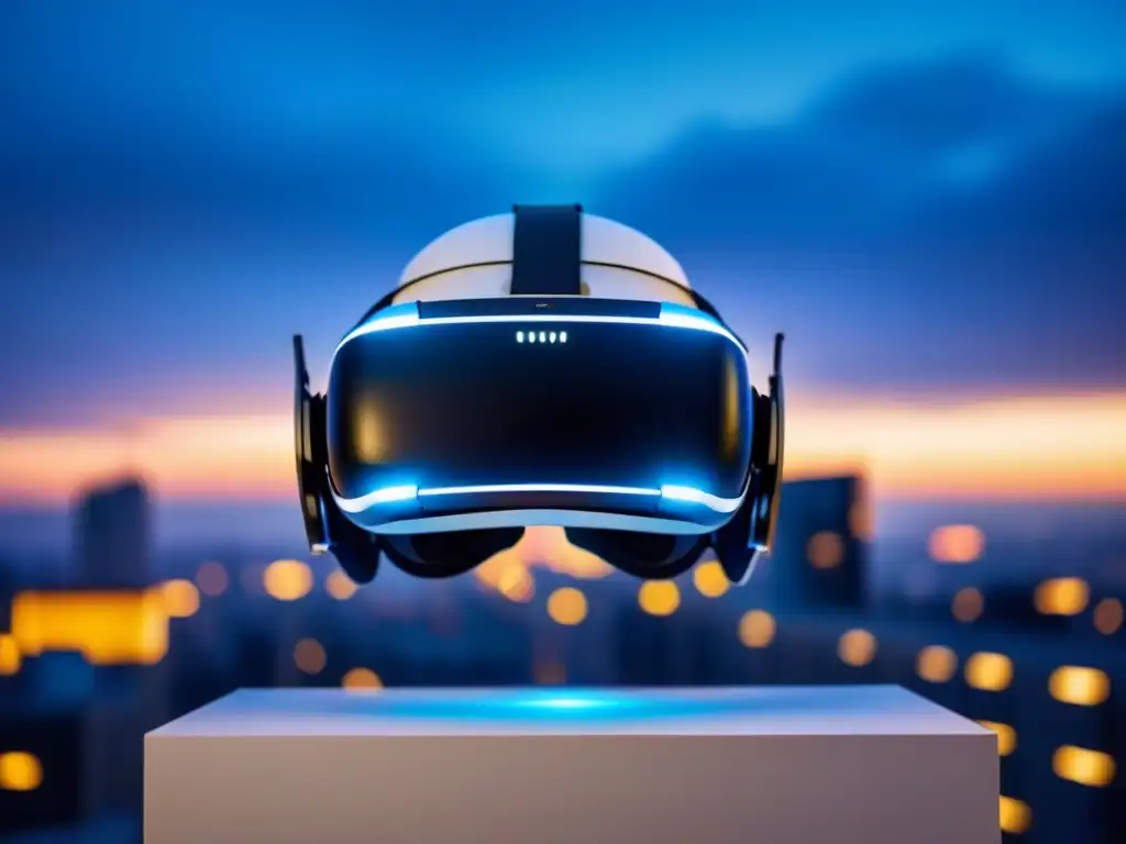 Visor de realidad virtual: experiencia inmersiva en bienes raíces Realidad virtual en bienes raíces: Visor moderno con ciudad digital futurista reflejada, iluminado en azul