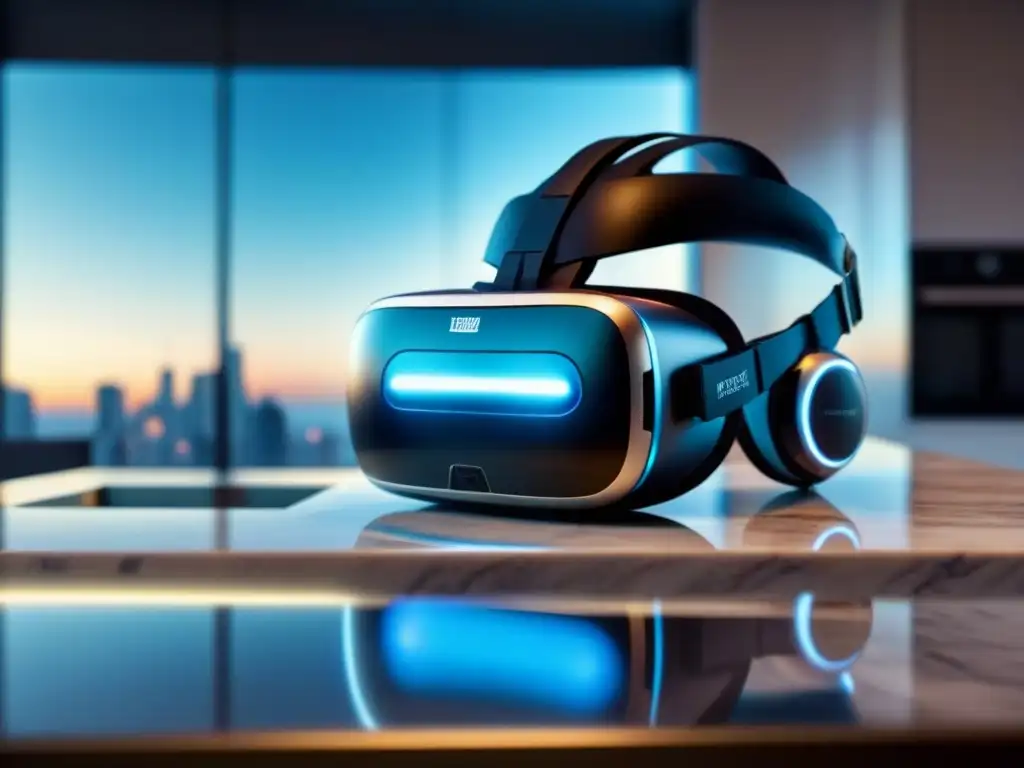 Realidad Virtual en Bienes Raíces: Un headset VR moderno en mármol con símbolos inmobiliarios detallados