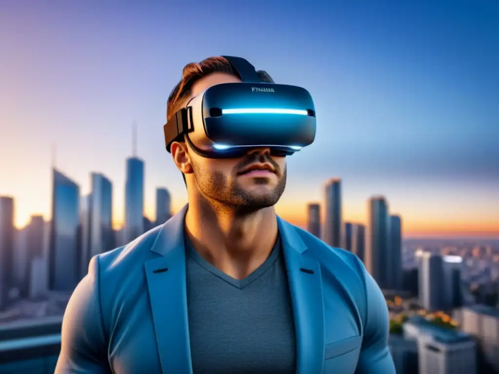 Headset VR innovador en ciudad futurista Realidad virtual en finanzas inmobiliarias: Auriculares modernos sobre la ciudad