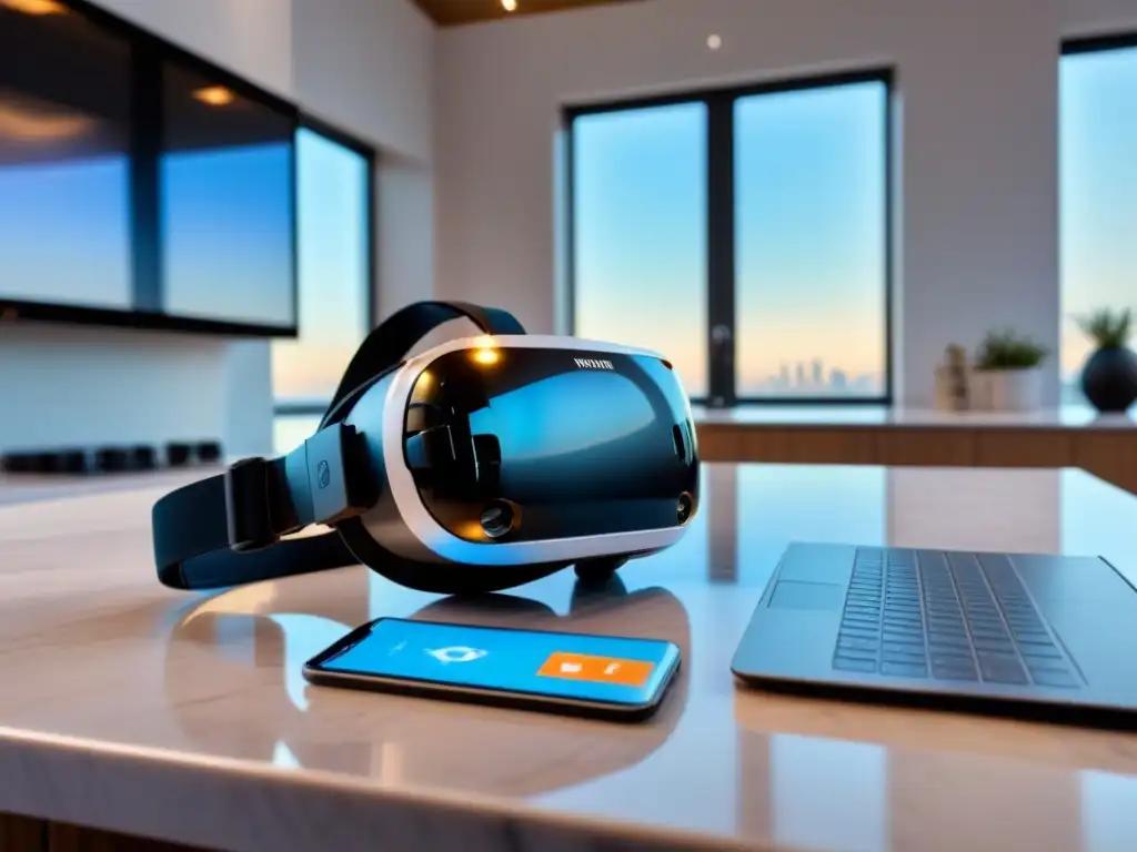 Innovación inmobiliaria: VR y finanzas Realidad Virtual en finanzas inmobiliarias: Un headset futurista sobre mármol, planos, laptop y llaves, en una escena luminosa y sofisticada