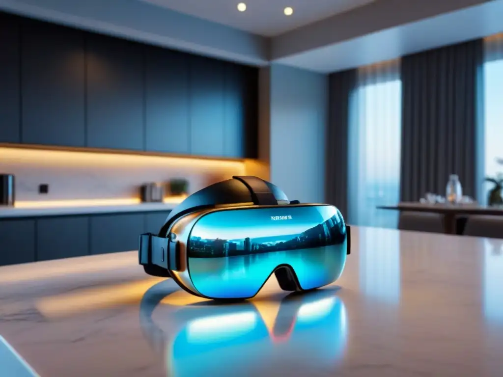 Realidad virtual inmobiliaria de lujo: tour penthouse en 3D Realidad Virtual en finanzas inmobiliarias: lujoso auricular VR en encimera de mármol, con hologramas futuristas y tour virtual de penthouse