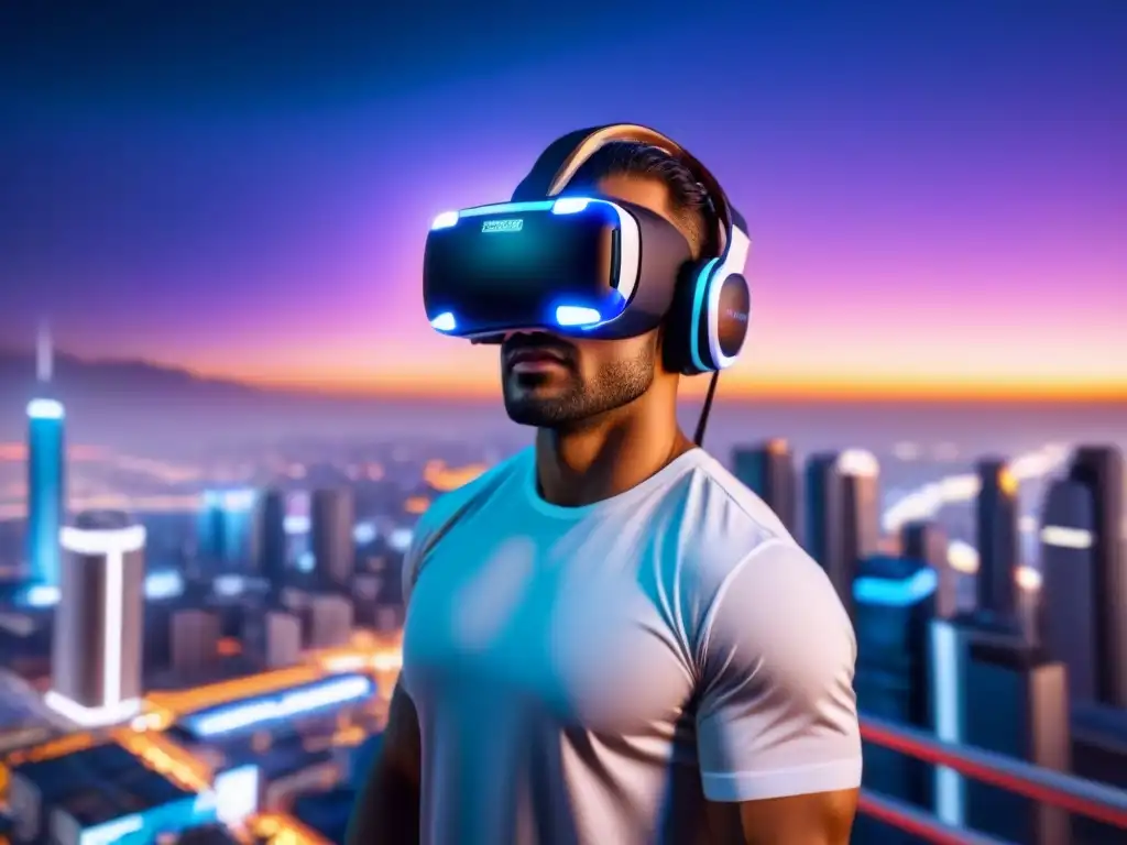 Headset de Realidad Virtual en Ciudad Futurista Realidad virtual en finanzas inmobiliarias: moderno visor flota en ciudad futurista iluminada por luces de neón en la noche