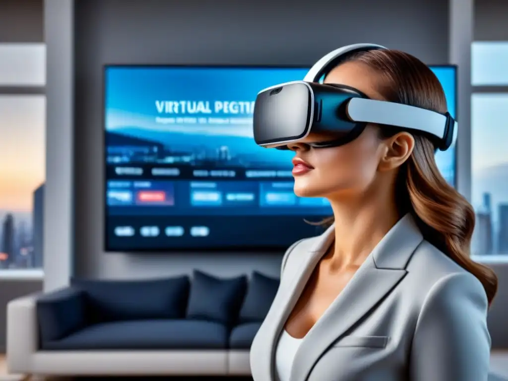 Realidad Virtual: Penthouse de Lujo en 3D Realidad Virtual en finanzas inmobiliarias: una visión futurista de un penthouse moderno rodeado de datos digitales y análisis financiero