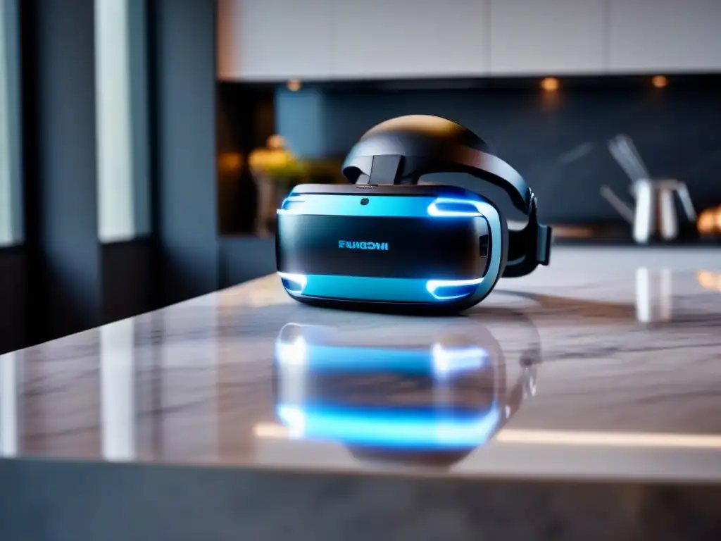 Realidad virtual: lujo futurista en propiedad inmobiliaria Realidad Virtual en inversiones inmobiliarias: Casco VR de lujo en mesa de mármol con tour virtual de propiedad futurista en visor