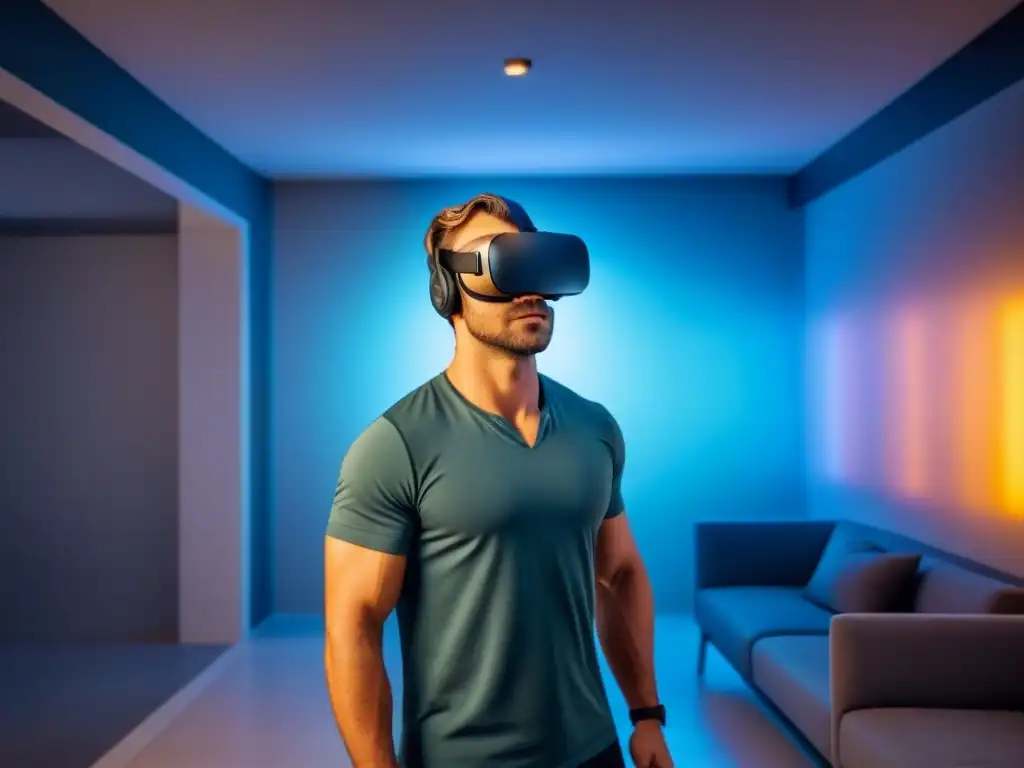 Casas inteligentes en realidad virtual Realidad virtual en el mercado inmobiliario: Casa moderna de lujo en 3D con tecnología inteligente en ambiente futurista iluminado