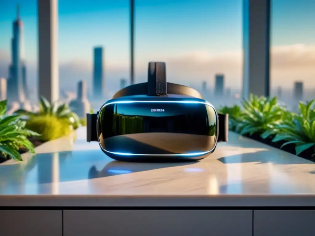 Realidad virtual de lujo: headset 8K en entorno futurista Explora Realidad Virtual propiedades con headset futurista en lujoso entorno urbano