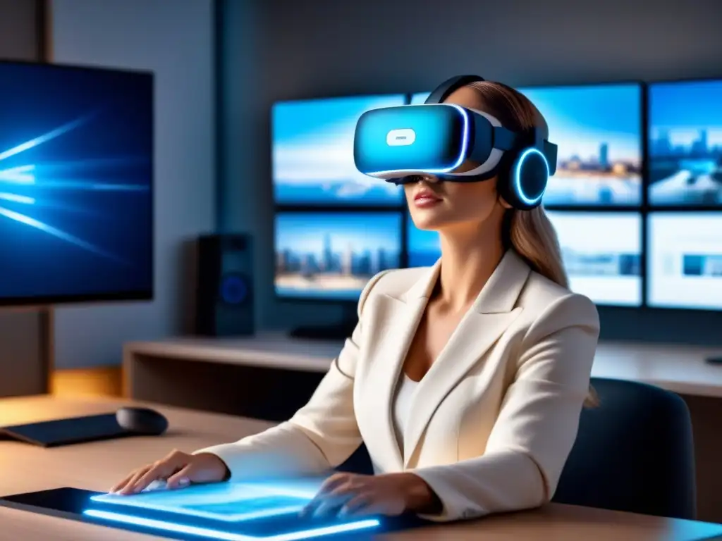 Realidad virtual inmobiliaria: headset futurista en entorno high-tech Realidad virtual en el sector inmobiliario: auricular futurista en escritorio minimalista con planos arquitectónicos y renderizados digitales