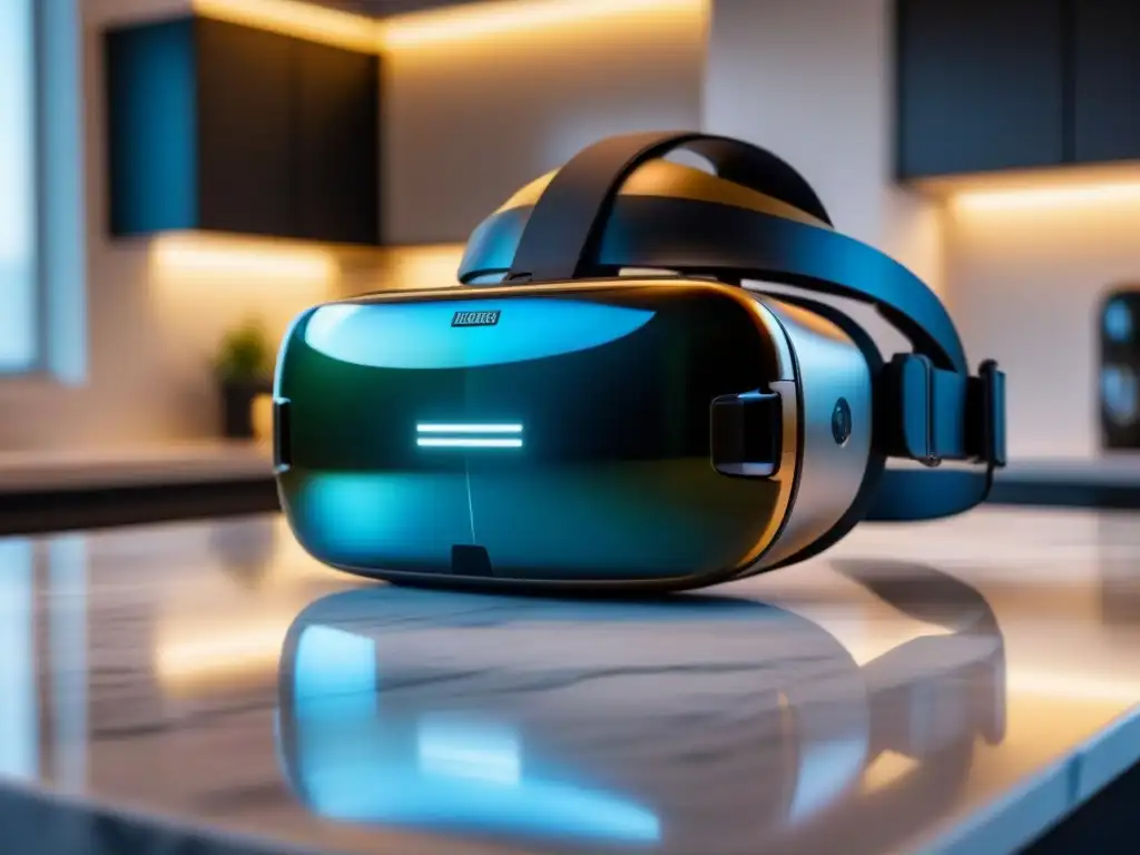 Realidad virtual de lujo: casas de ensueño a través de lentes avanzadas Realidad Virtual en visitas inmobiliarias: moderno visor VR en elegante encimera de mármol, mostrando propiedad de lujo en pantalla digital