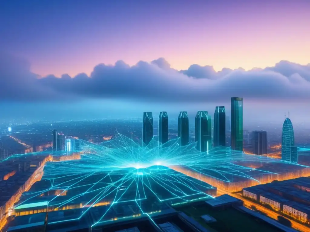 Red de blockchain futurista sobre la ciudad al crepúsculo Red de blockchain transparente sobre ciudad al atardecer, simbolizando la Tecnología en financiamiento inmobiliario