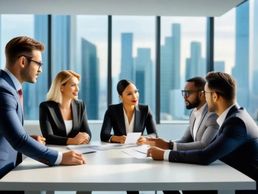 Una red de contactos valiosa en la industria inmobiliaria: profesionales diversos intercambian ideas en una oficina moderna y dinámica