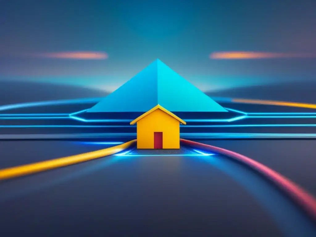 Red de seguros: iconos vibrantes de hogares, autos y negocios Red de iconos de seguros de propiedad interconectados en un entorno digital futurista