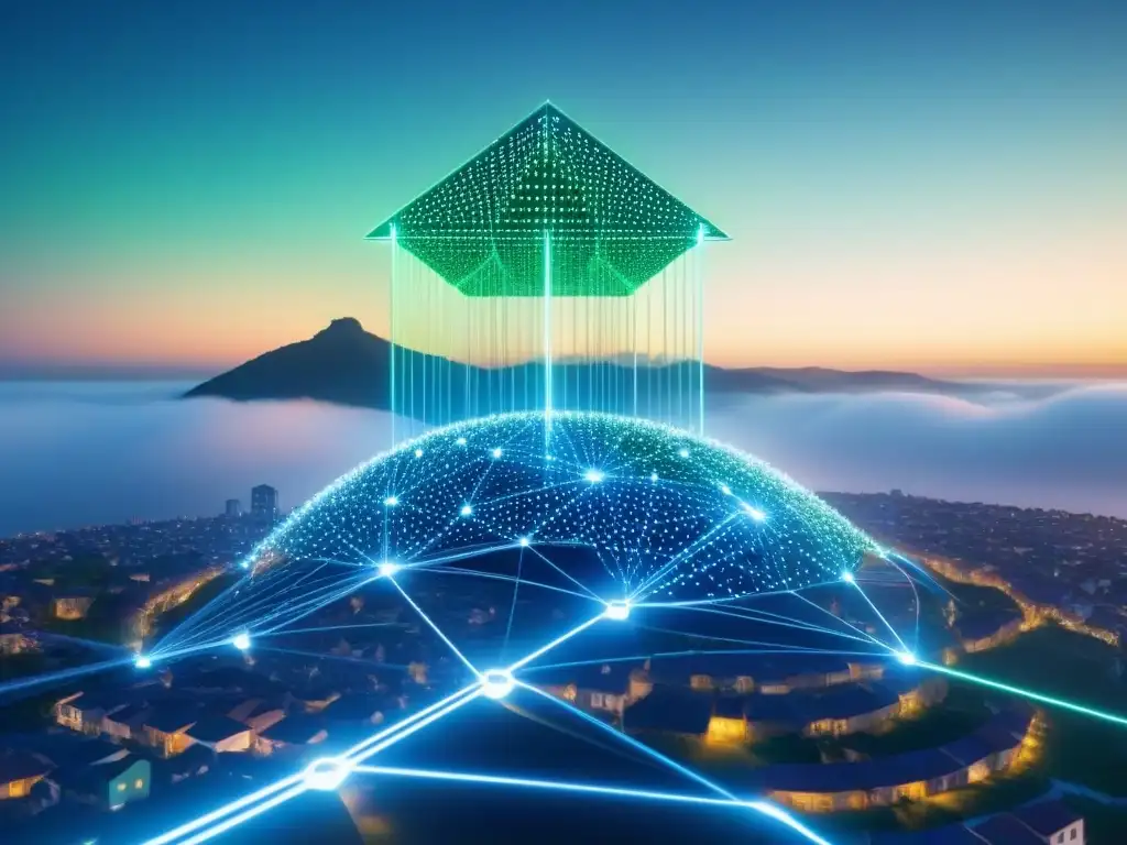 Red virtual futurista: transacciones seguras en plataforma inmobiliaria Una red virtual futurista con nodos brillantes que representan transacciones seguras en financiamiento inmobiliario