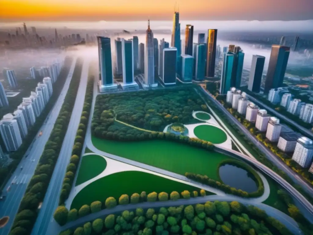 Horizonte urbano dorado: oportunidades en refinanciamiento inmobiliario Refinanciamiento de bienes raíces comerciales: Ciudad moderna con rascacielos, parques verdes y calles concurridas al atardecer