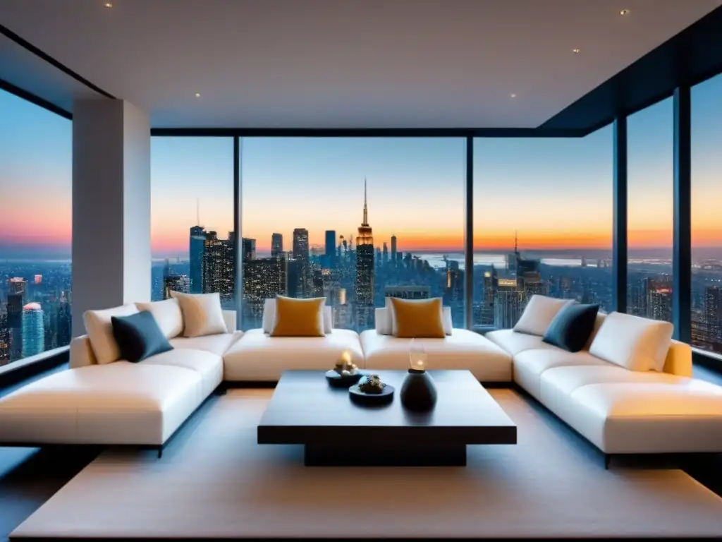 Sofisticado salón moderno con vista urbana al atardecer Refinanciamiento inmobiliario efectivo consejos: Sala de estar lujosa con sofá blanco, mesa de mármol y vista urbana al anochecer