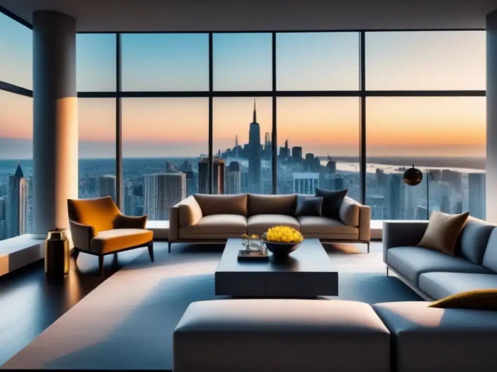 Salón de lujo en penthouse con vista panorámica y decoración contemporánea Refinanciamiento préstamos inmobiliarios lujo: Sala de estar de lujo en penthouse con vistas a la ciudad y mobiliario contemporáneo elegante