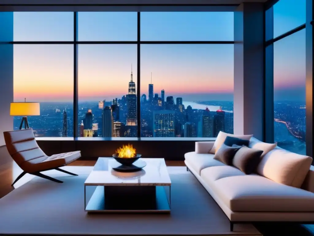 Refinanciamiento inmuebles lujo sin comprobantes: Sofisticado salón de penthouse con vista nocturna impresionante de la ciudad