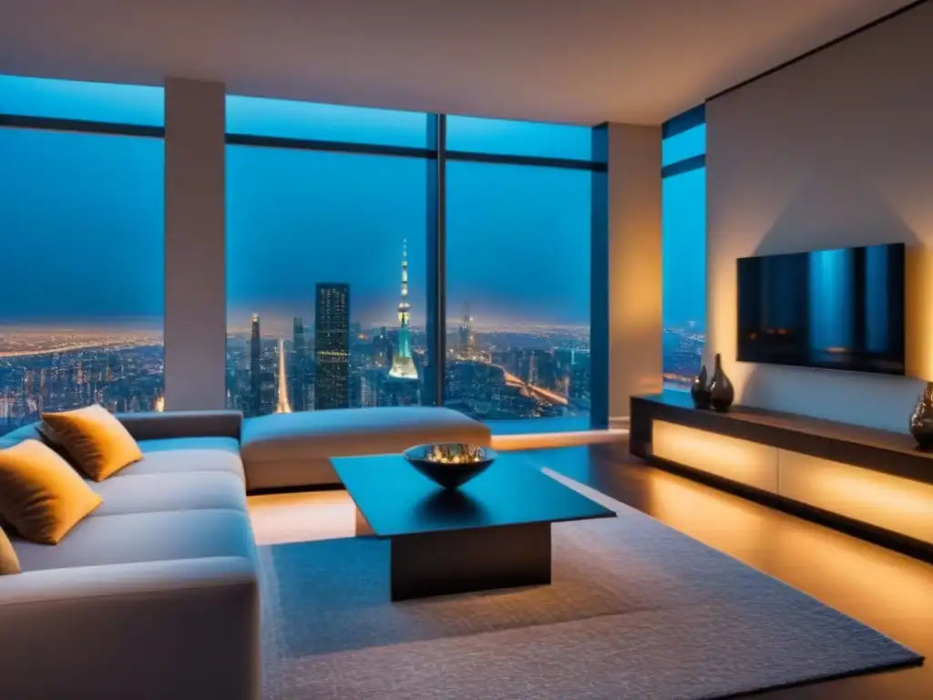 Refinanciamiento inmuebles lujo sin comprobantes: Sala moderna lujosa con vista nocturna a la ciudad y elegante decoración