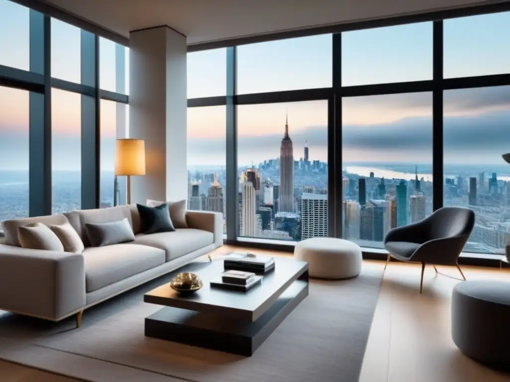 Refinanciamiento inmuebles lujo sin comprobantes: Sala de estar lujosa en penthouse con vista a la ciudad, muebles elegantes y paleta sofisticada