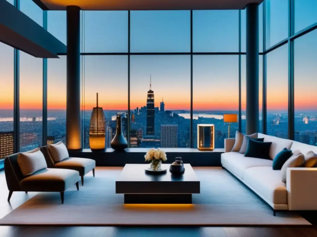 Refinanciamiento de inmuebles de lujo sin comprobantes: Sala de estar lujosa con vista a la ciudad de noche y muebles contemporáneos elegantes