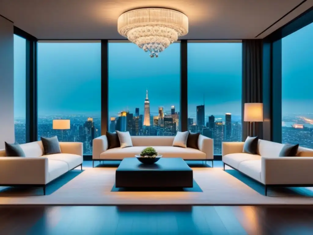 Salón de lujo con vista panorámica de la ciudad Refinanciamiento de lujo para inversores: Sala moderna con muebles elegantes, candelabro impactante y vista panorámica de la ciudad