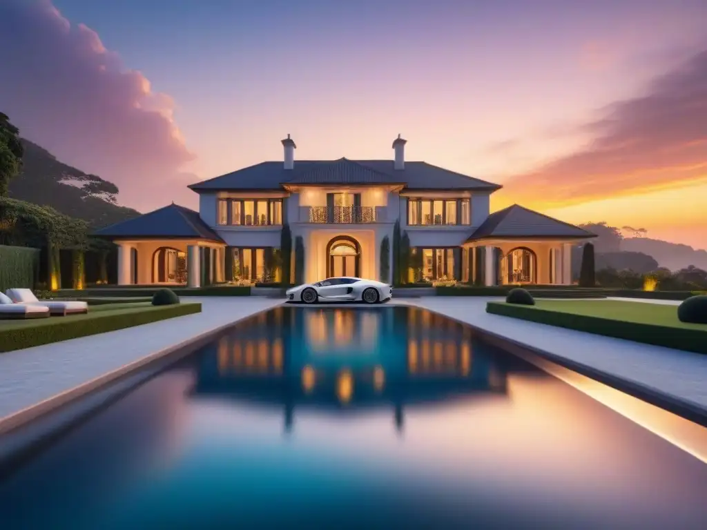 Mansión de lujo al atardecer: refinanciamiento de alto nivel Refinanciamiento de lujo: mansión moderna y opulenta al atardecer, con jardines exuberantes, piscina infinita y auto lujoso