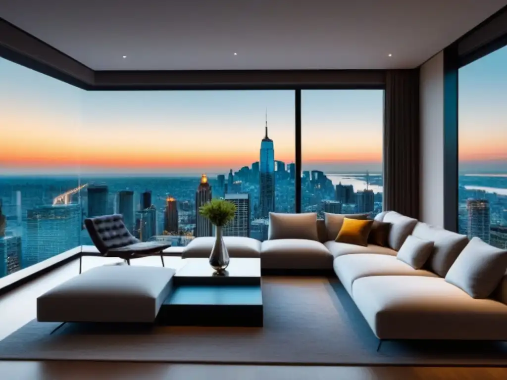 Salón de lujo con vista urbana: refinanciamiento exclusivo Refinanciamiento de lujo: sala moderna con ventanales, skyline impresionante y elegante chimenea de mármol, bañada en cálida luz natural