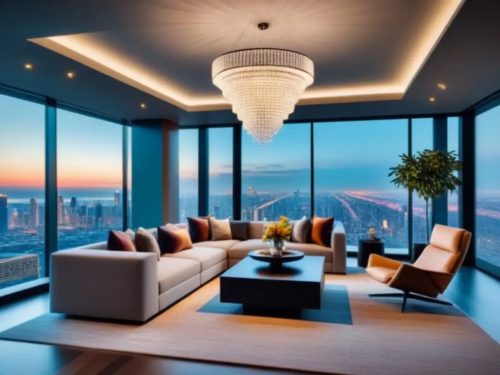 Salón de lujo: mobiliario contemporáneo y vista urbana Refinanciamiento de préstamo inmobiliario de lujo: sala de estar moderna y lujosa con mobiliario contemporáneo y vistas a la ciudad
