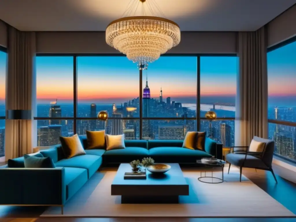Sala de estar refinada con vista nocturna de la ciudad Refinanciamiento de préstamo inmobiliario de lujo: Sala de estar moderna y lujosa con vista nocturna de la ciudad