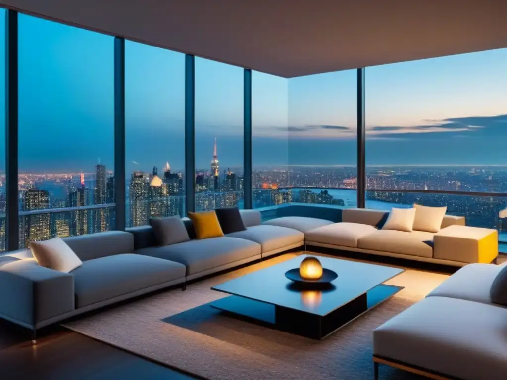 Salón de lujo en penthouse con vista nocturna a la ciudad Refinanciamiento de préstamo inmobiliario de lujo en sala de penthouse moderna con vista a la ciudad de noche