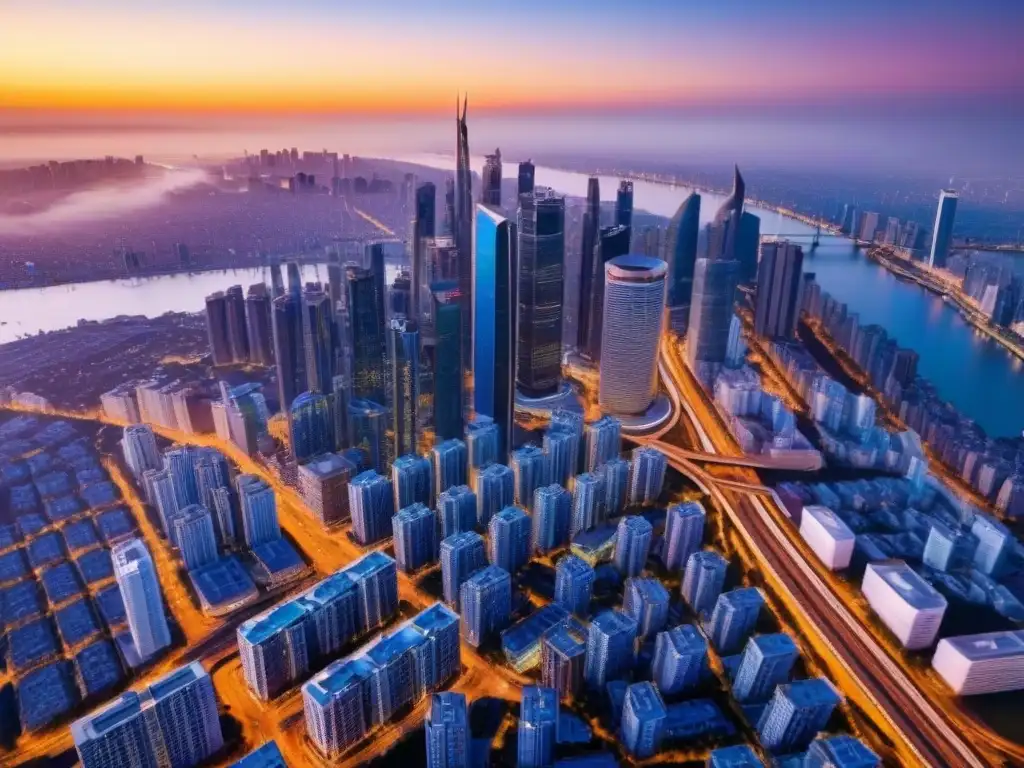 Vibrante ciudad moderna al atardecer: metrópolis en crecimiento Refinanciamiento de propiedades en crisis: Una ciudad moderna bulliciosa con rascacielos y puentes, iluminada por un cálido atardecer